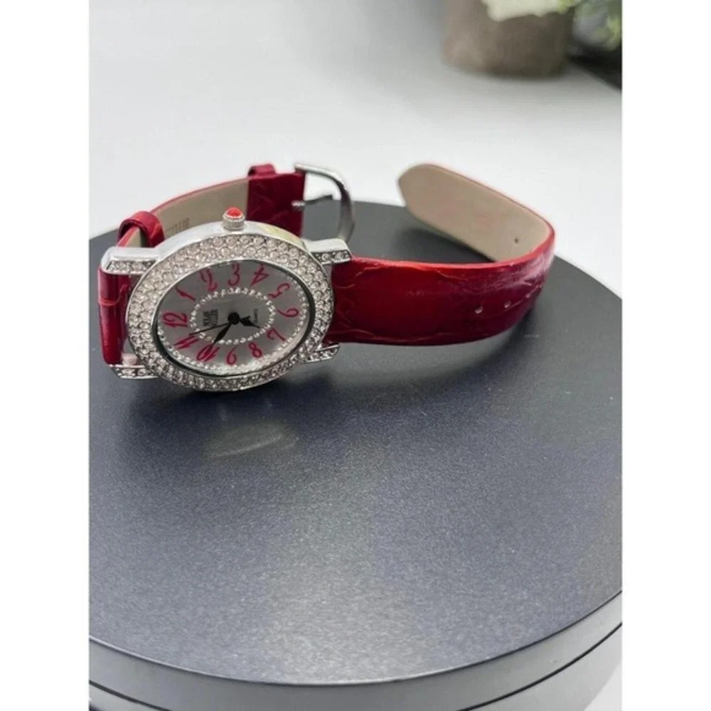 Nolan Miller Vintage quartz watch red leather band‎ rhinestone bezel